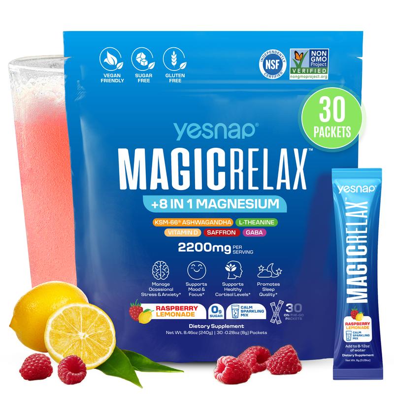 MAGICRELAX | Cortisol Balance, Mood & Sleep Drink Mix | 8-in-1 Magnesium + Ashwagandha | No Sugar | 30 Servings