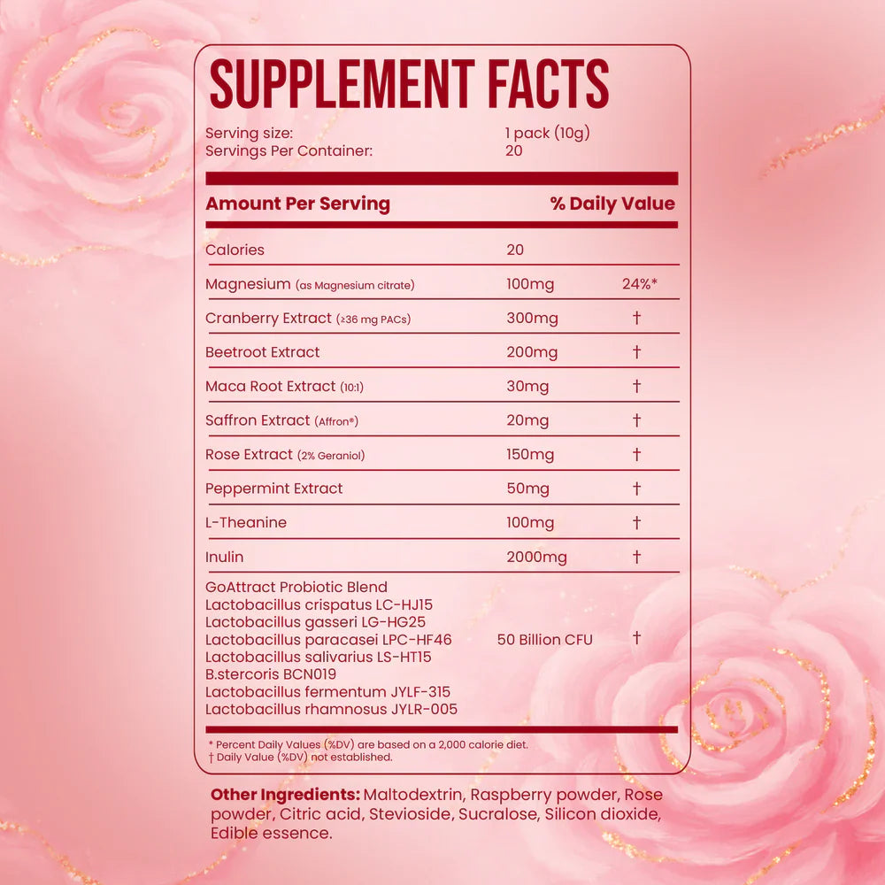 Nestrient GoAttract Feminine Balance Glow Drink Mix with Probiotics & Rose Extract–Berry Rose Flavor.