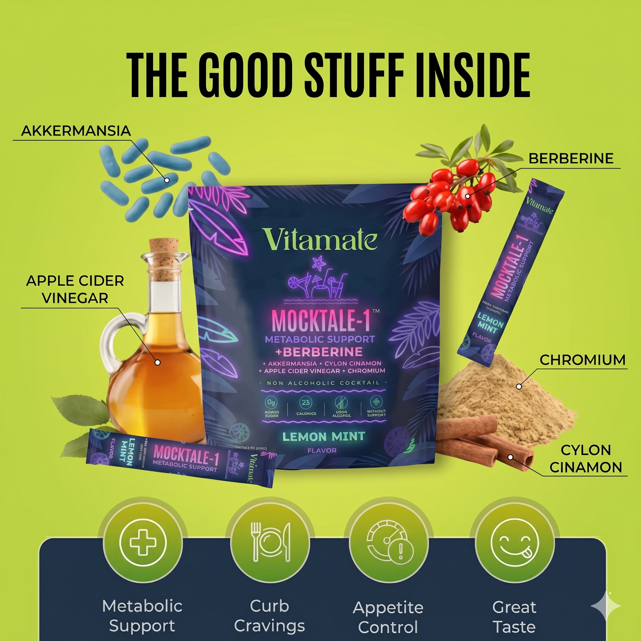 Vitamate MOCKTALE-1 Metabolic Support Drink Mix – Berberine, ACV & Cinnamon | Lemon Mint