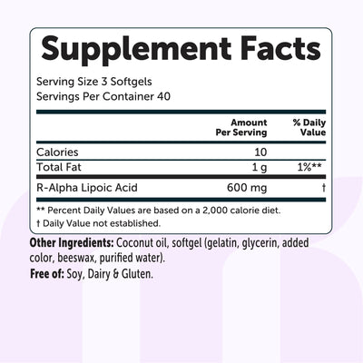 Micro Ingredients R Alpha Lipoic Acid 600mg with Coconut Oil, 120 Softgels