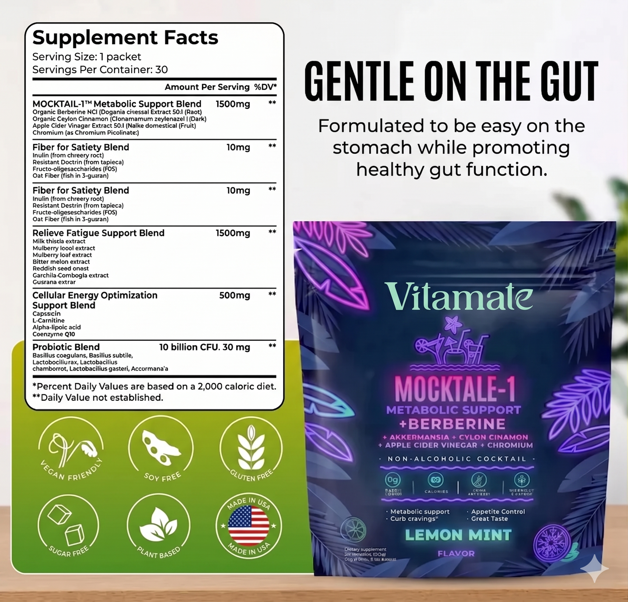 Vitamate MOCKTALE-1 Metabolic Support Drink Mix – Berberine, ACV & Cinnamon |  Lemon Mint