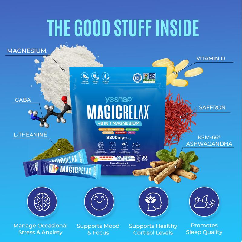 MAGICRELAX | Cortisol Balance, Mood & Sleep Drink Mix  | 8-in-1 Magnesium + Ashwagandha | No Sugar | 30 Servings